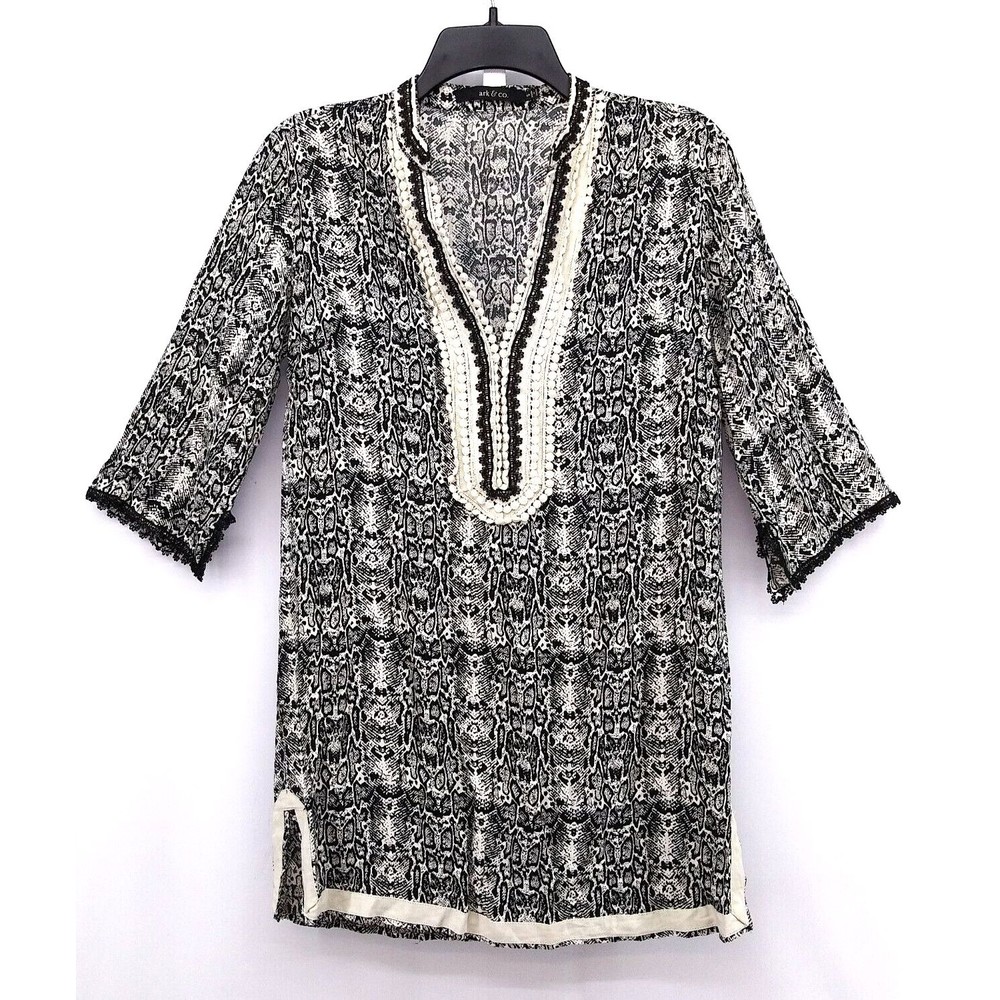 Ark & Co Shirt Womens Small Black 3/4 Sleeve V-Neck Tunic Blouse